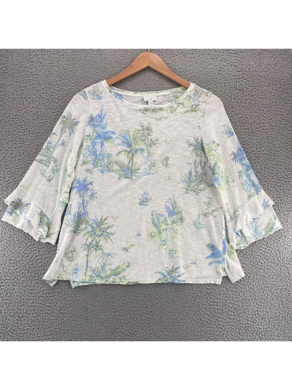 J Jill Top Womens Medium White Tropical Floral Linen Cotton Knit Boat Neck Tee